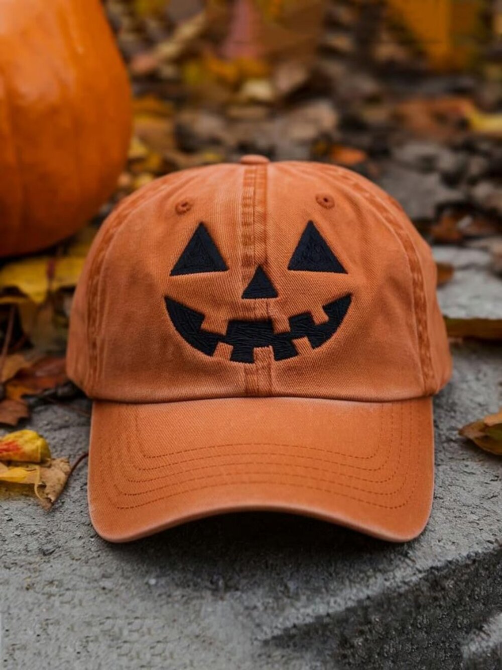 Unisex Orange Autumn Style Print Hat Halloween Pumpkin Face Baseball Cap - Picture 2 of 2
